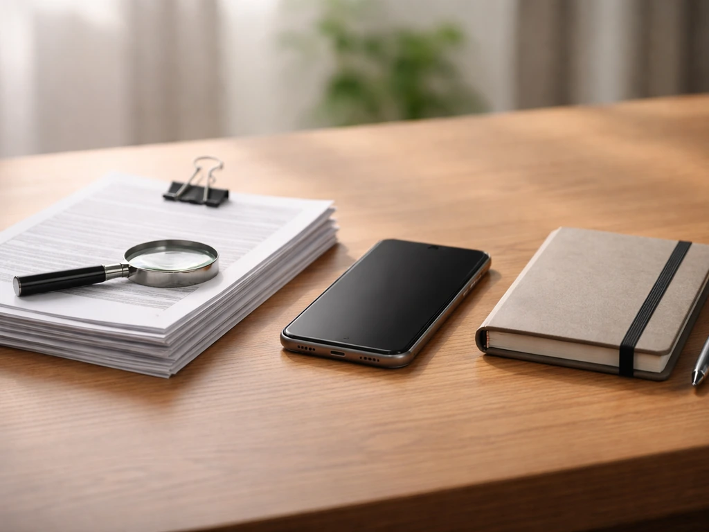 Minimal desk scene showing documents, a smartphone, and a notebook symbolizing net-worth verification workflow.