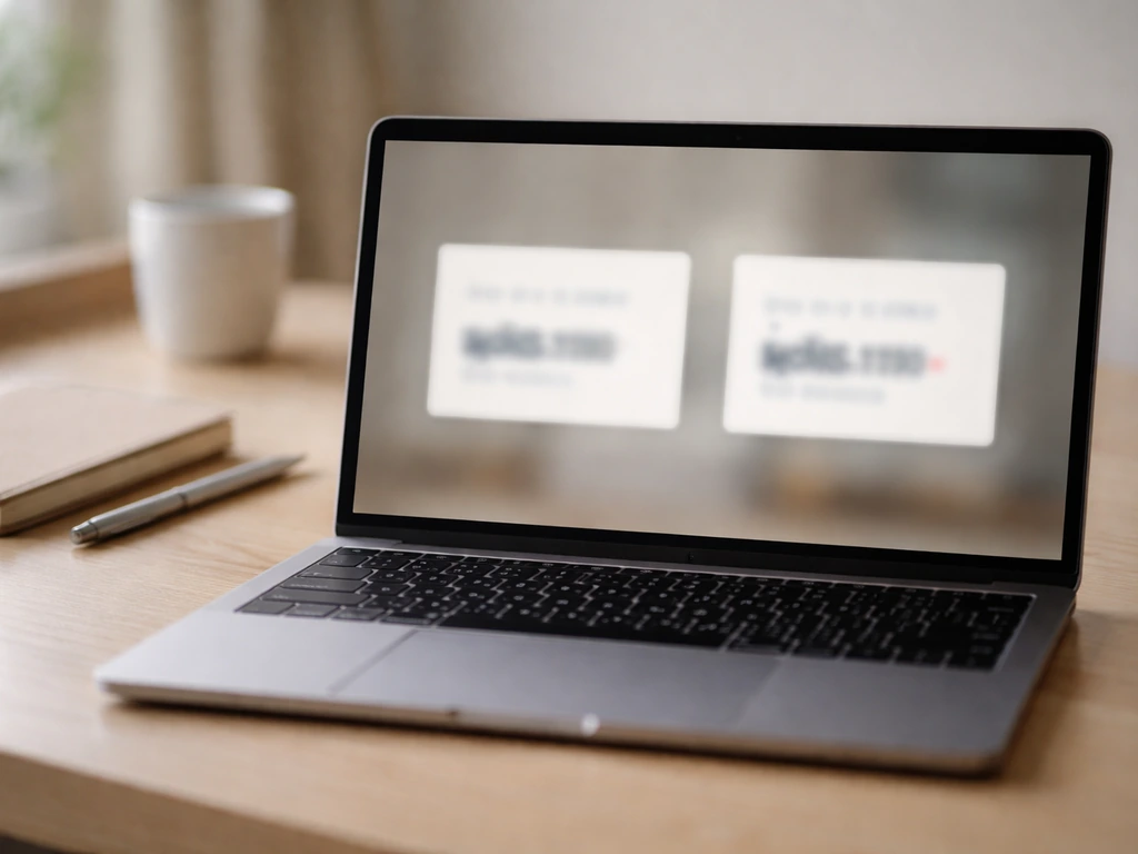 Minimal scene showing two competing net-worth estimate excerpts as blurred comparison tiles on a laptop desk