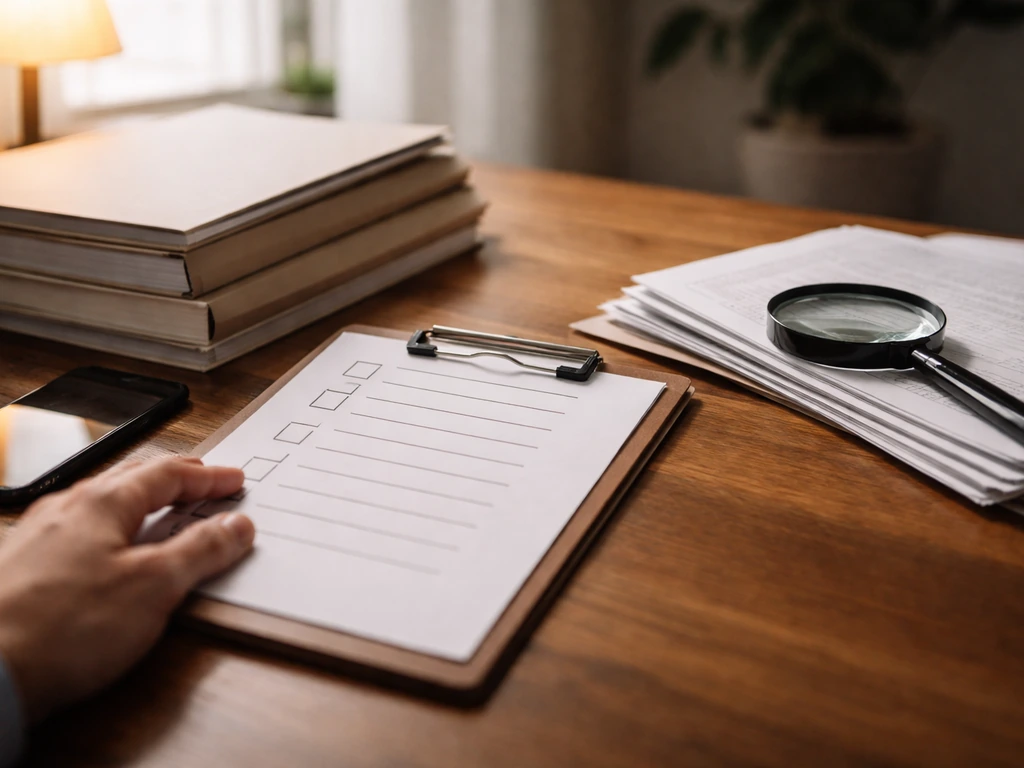Checklist and corporate document folders on a desk with a magnifying glass for fact-checking details.