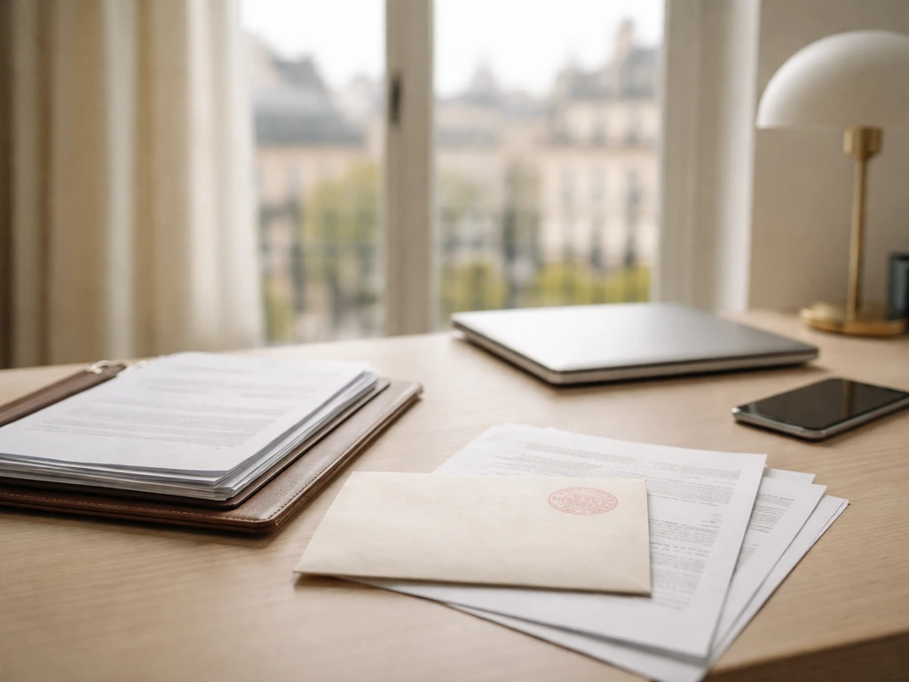 Minimal French office desk with stamped documents and a folder, suggesting company registry filings.