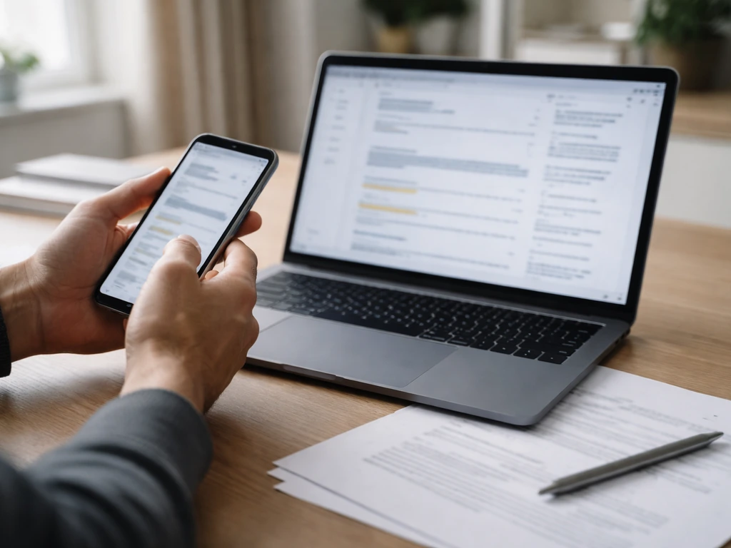 Hands holding a smartphone over a laptop showing blurred corporate filing pages, verification focus.