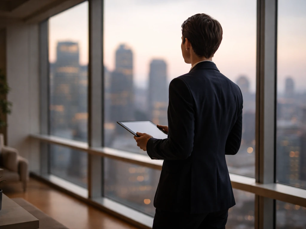 Anonymous executive in a modern office by a window, city skyline blurred in the background.