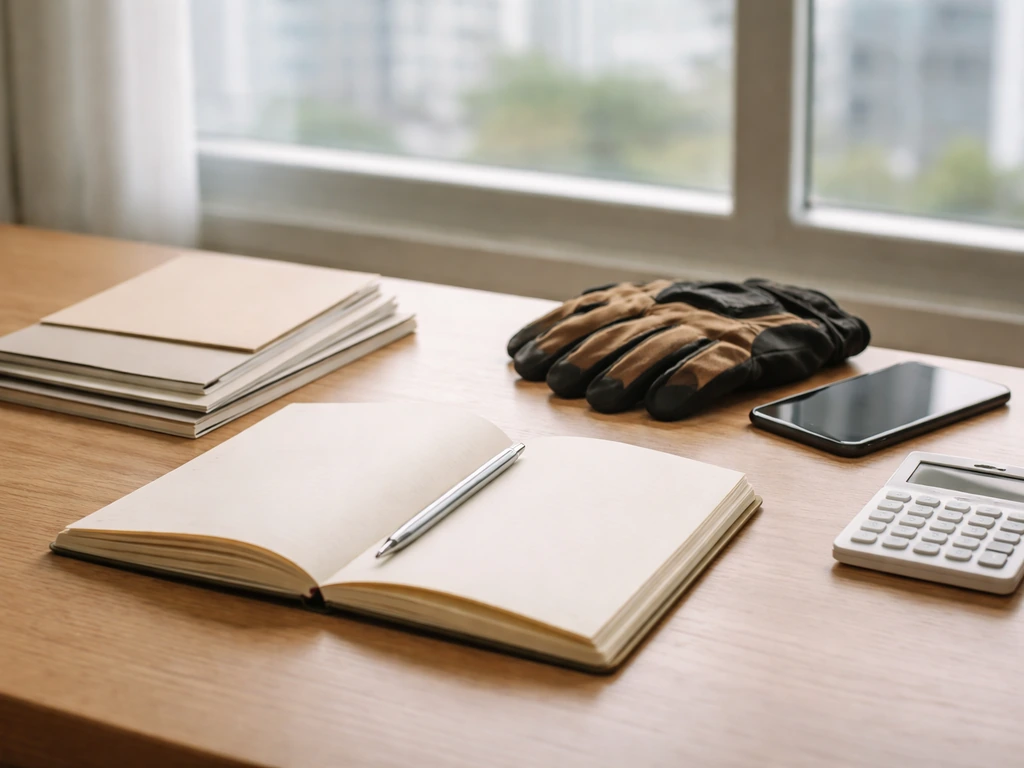 Minimal desk scene with blank phase folders, notebook, and outdoor gloves symbolizing career wealth-building.