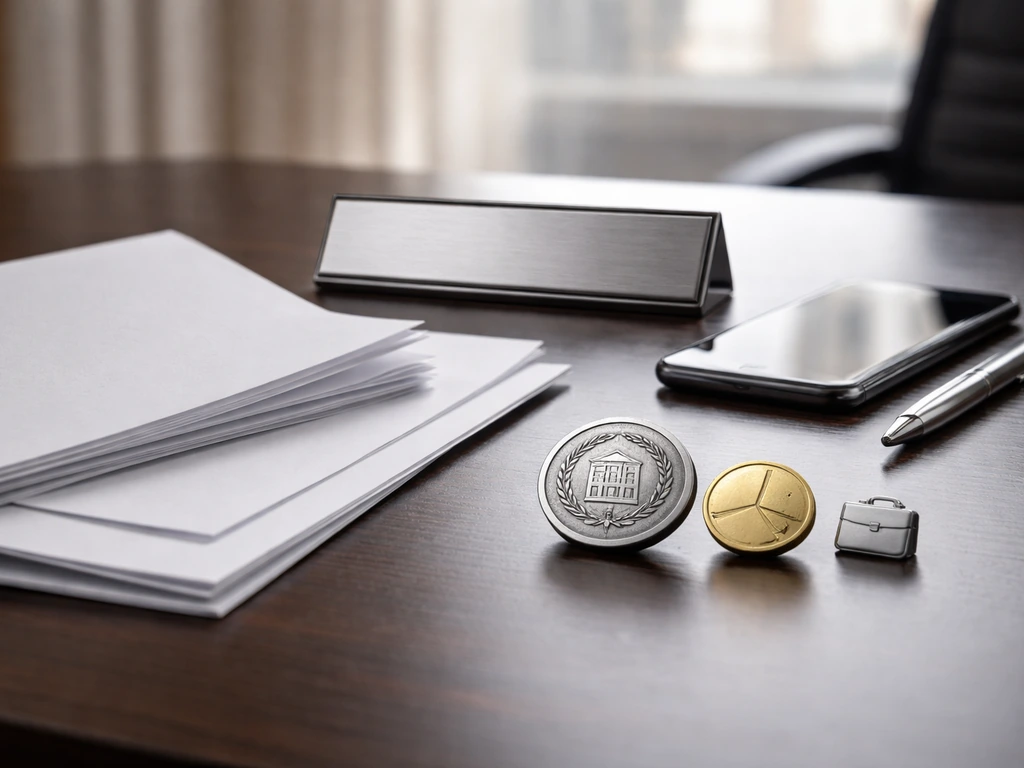 Close-up of office desk with blank corporate documents and symbolic equity/badge icons, no text.