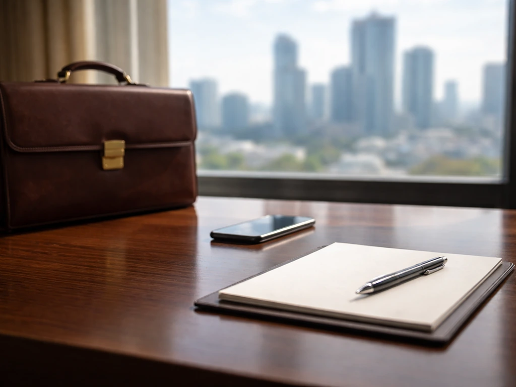 Executive office scene with a polished desk, briefcase, and city skyline view suggesting corporate leadership