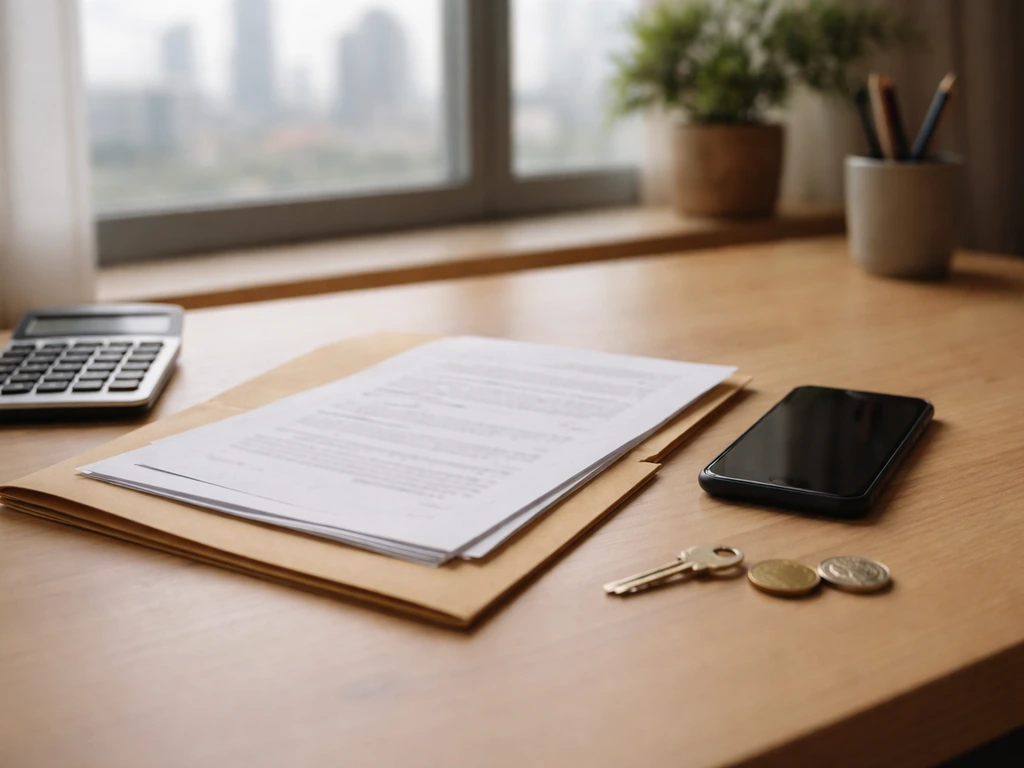 Minimal desk with generic financial papers, calculator, phone, coins, and key symbolizing asset verification