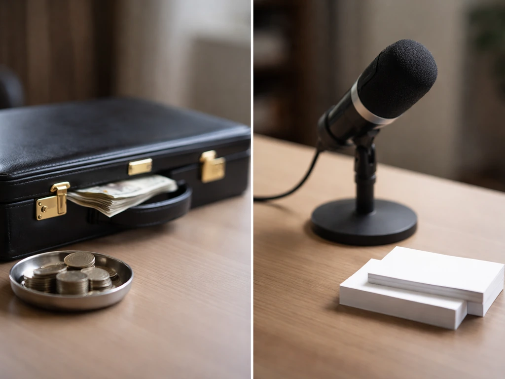 Minimal desk scene with briefcase, cash, coins, and a studio microphone symbolizing net worth sources.