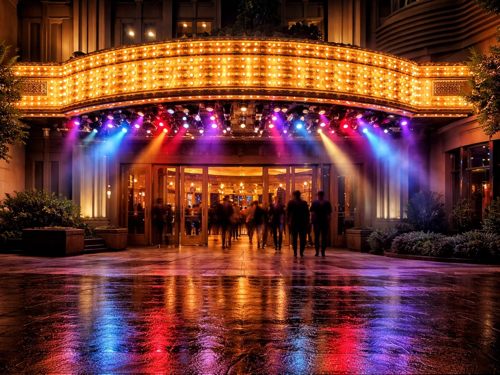 Night photo of The LINQ venue entrance with colorful show lights and reflections on the sidewalk.