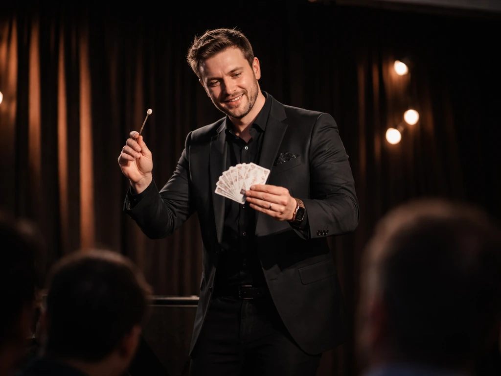 Solo magician performing a corporate keynote magic moment on a small stage with warm spotlights