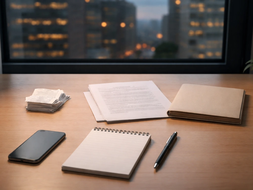 Minimal office desk with scattered receipts, smartphone, and a pen beside a dim city view