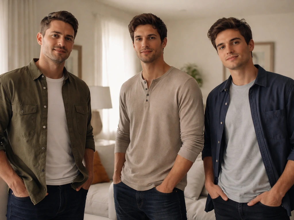 Three anonymous brothers in a simple living room, visually suggesting three different ages.