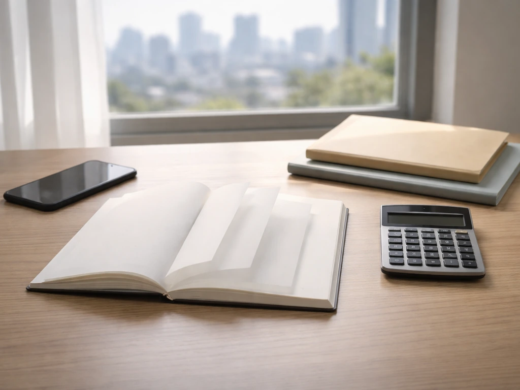 Minimal office desk with calculator and stacked translucent sheets symbolizing differing net worth estimates.