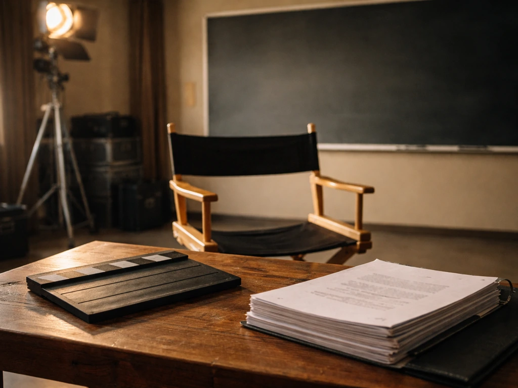 Minimal film production set with a director’s chair and soft papers, suggesting an acting-to-producing arc.