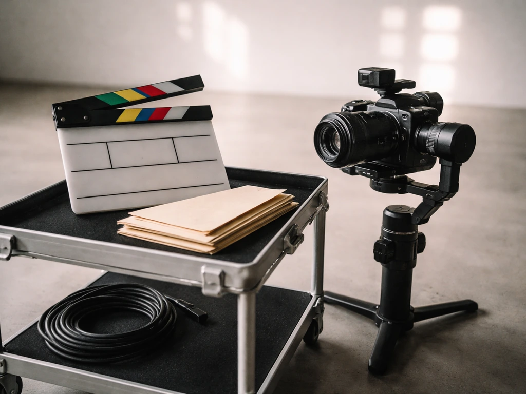 Minimal film production setup with an open clapperboard and camera rig in a quiet studio space