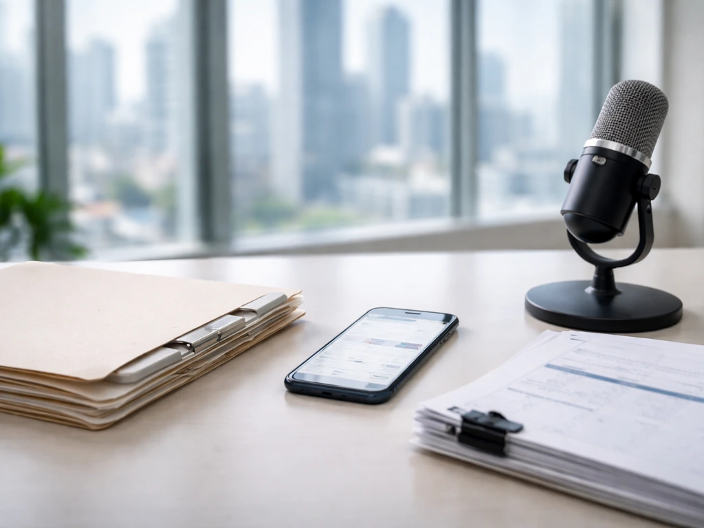 Close-up of a finance desk with documents, blurred phone screen, and microphone in a bright office.