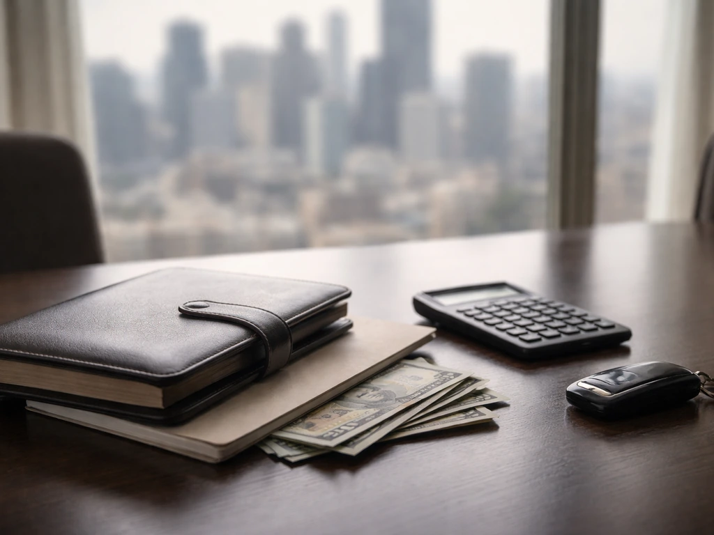 Upscale office desk with calculator and money, city skyline blur—symbolic of an unpublished net worth estimate.
