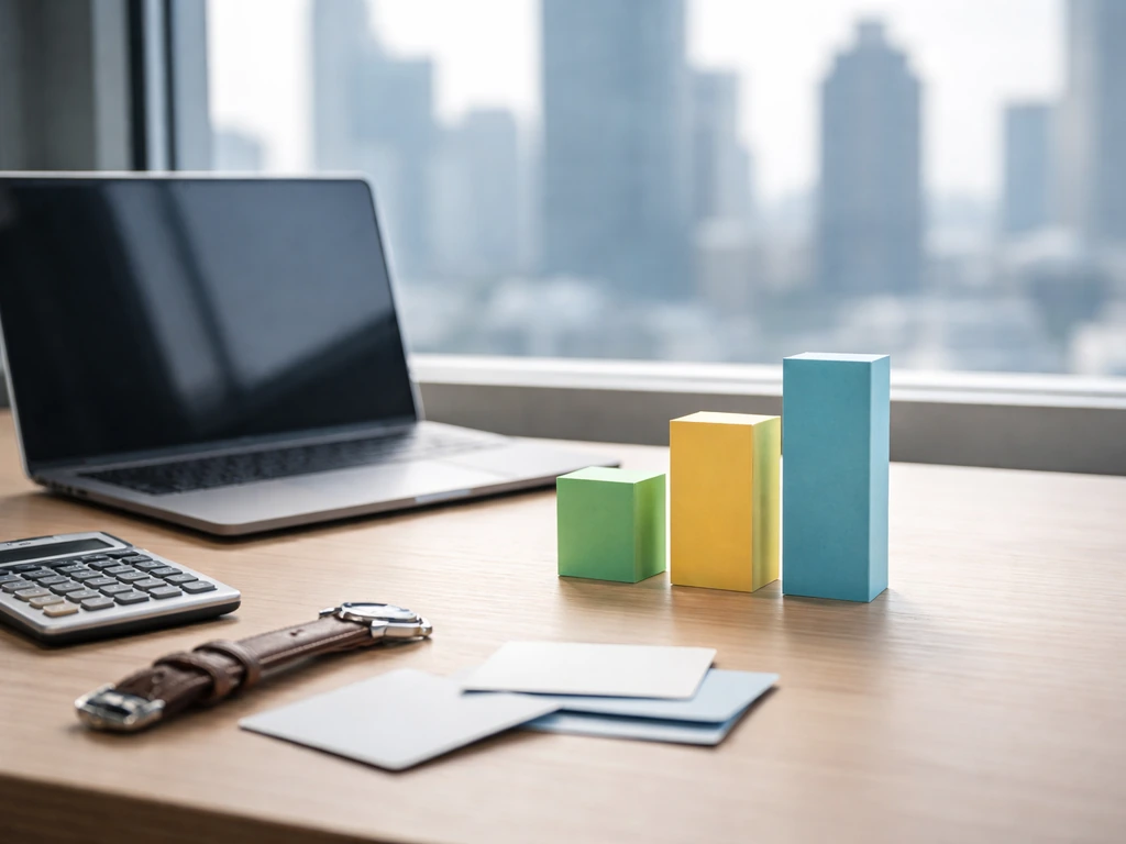 Minimal desk scene with business items and plain colored paper bands suggesting wealth tiers.