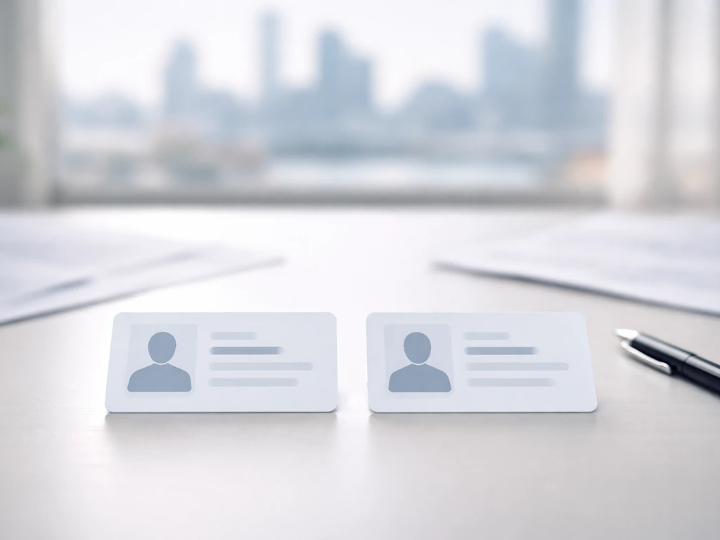 Split of two anonymous business cards on a desk with scattered documents and a blurred city view behind