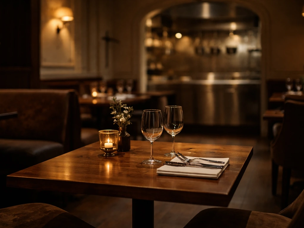 Quiet upscale restaurant dining room with warm lighting and a chef’s brigade-style kitchen doorway