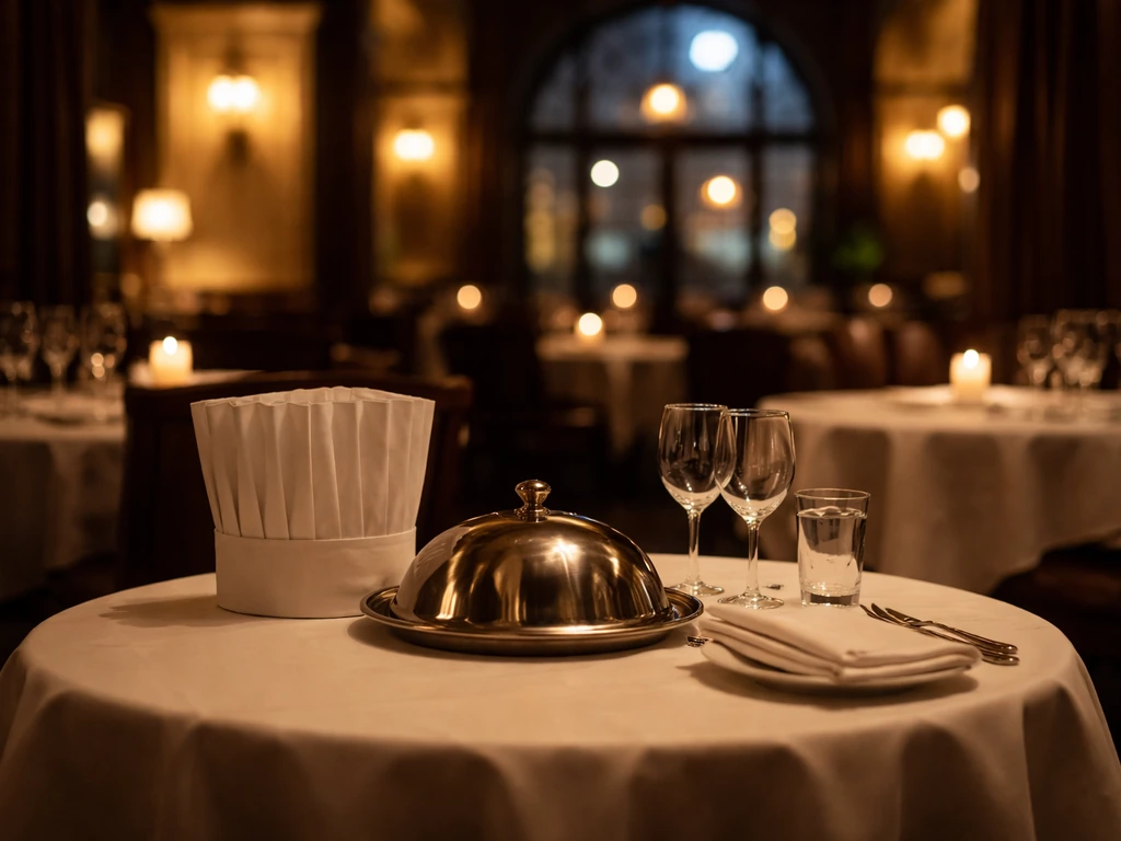 Warm, candlelit fine-dining room at night with an empty table, chef toque, and serving cloche