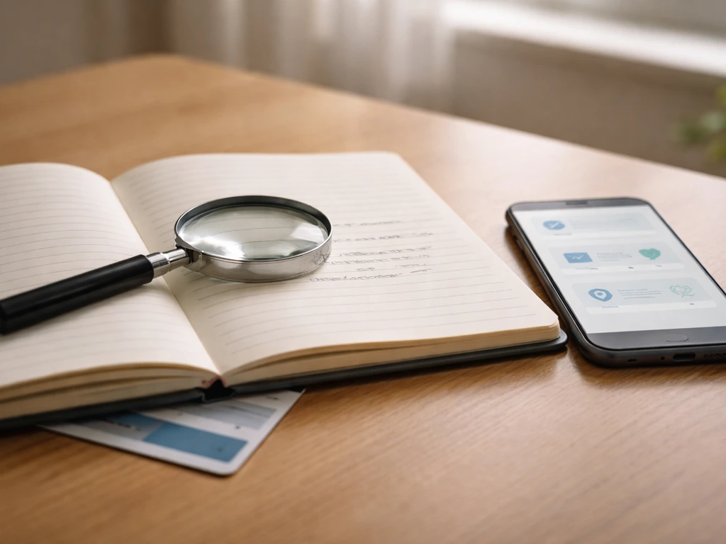Minimal desk scene with notebook, magnifying glass, and smartphone showing media icons, symbolizing fact-checking