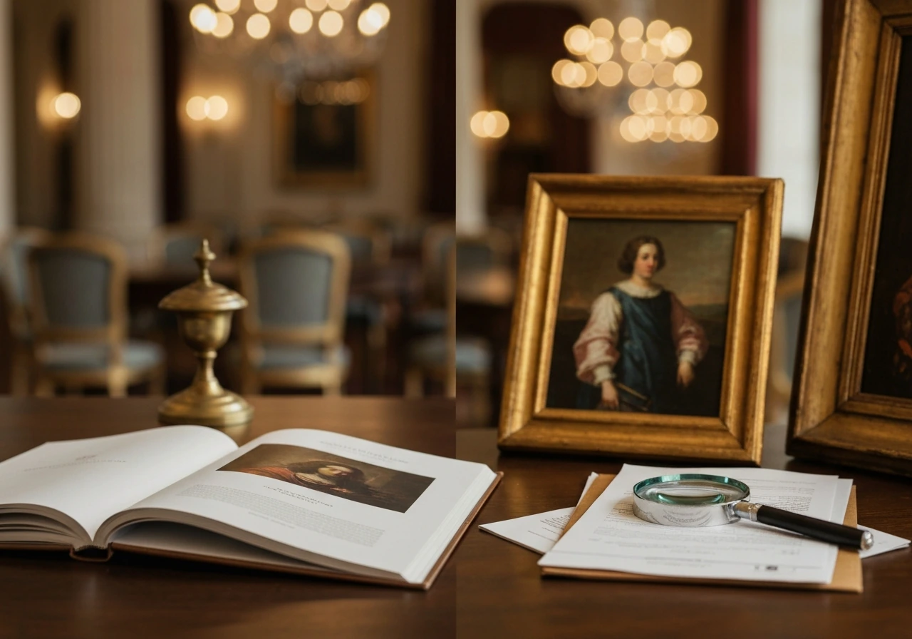 Minimal photo of an art-auction desk scene with auction catalogs, a framed painting, and a magnifying glass