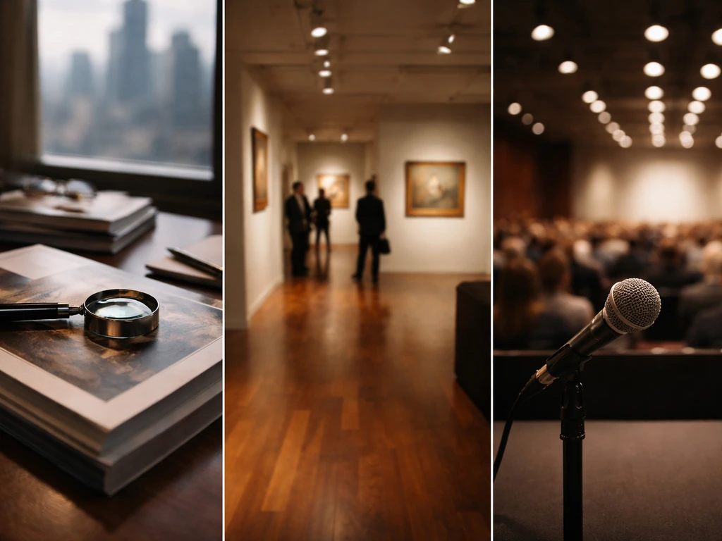 Three-panel auction-house timeline mood: office research, empty gallery, and microphone-lit auction room.