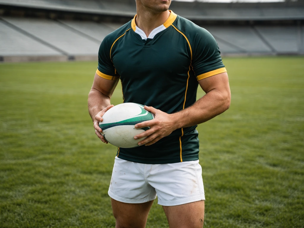 Rugby scrum-half in a South African-style kit holding a ball at an empty stadium