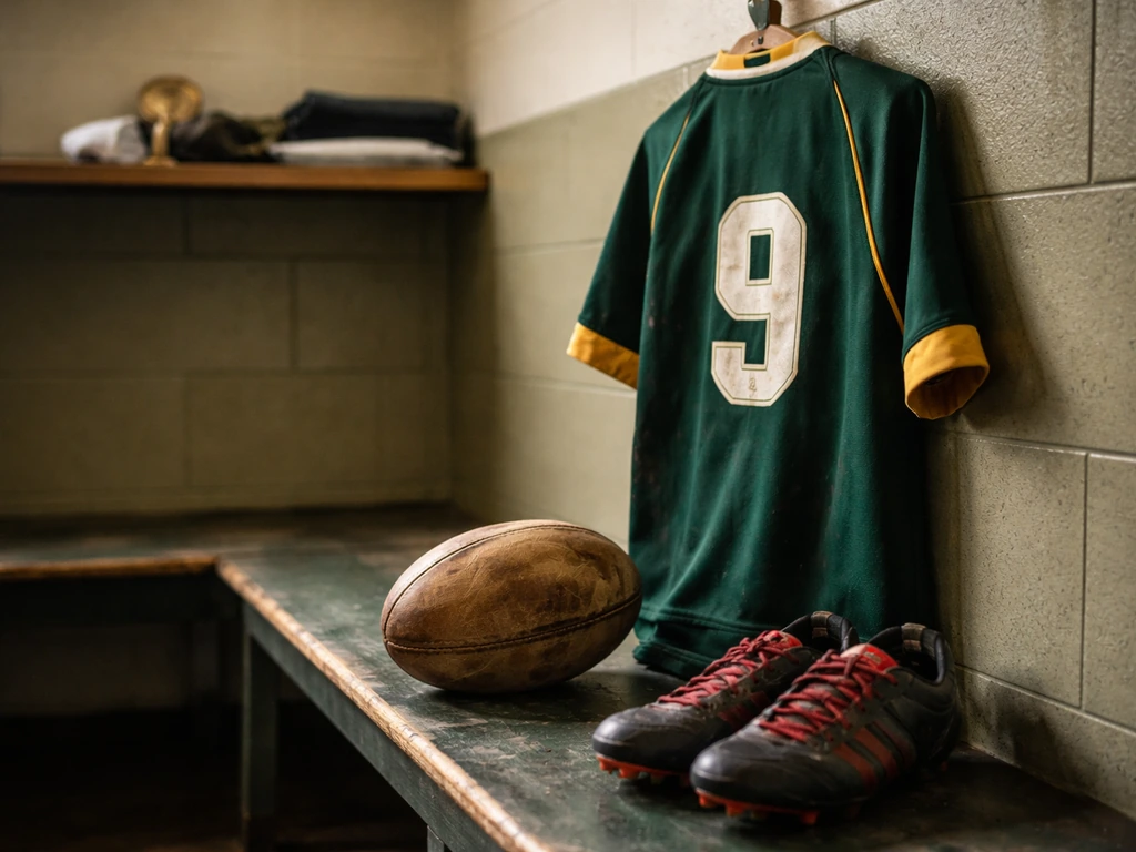 Worn rugby jersey, boots, and a bronze-colored medal-like object in a quiet locker room.