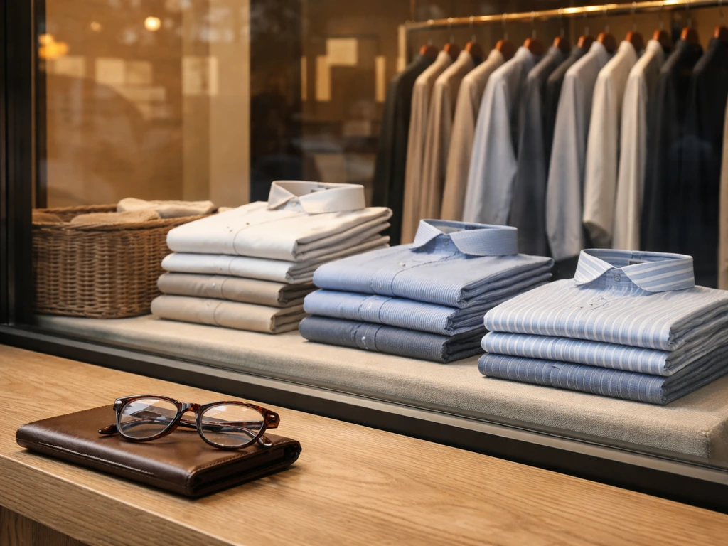 Minimal boutique window with folded shirts, garments, wallet and glasses symbolizing fashion business.