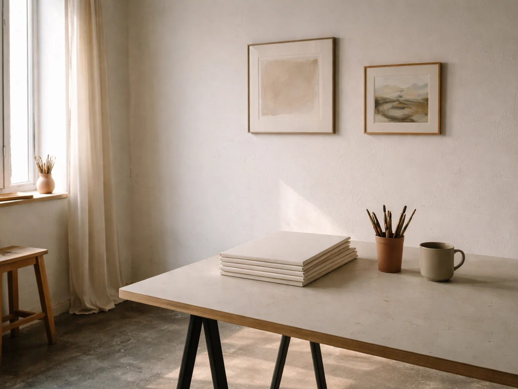 Modest art studio workspace with canvases and brushes in soft natural light, no flashy wealth cues.