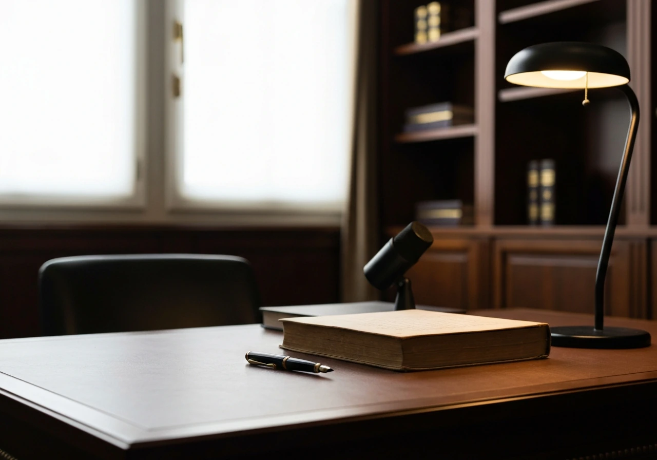 Minimal luxury office scene with a leather desk, fountain pen, and microphone symbolizing aristocratic net-worth researc