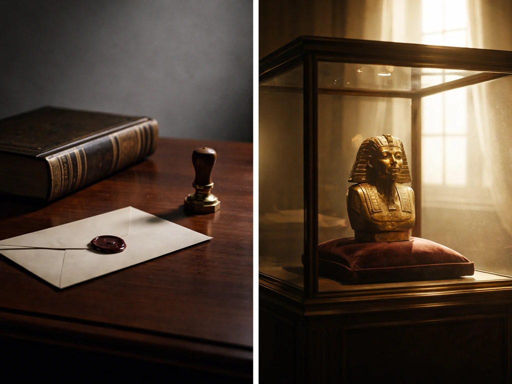 Split scene: law-inheritance items on one side, a museum artifact on the other.