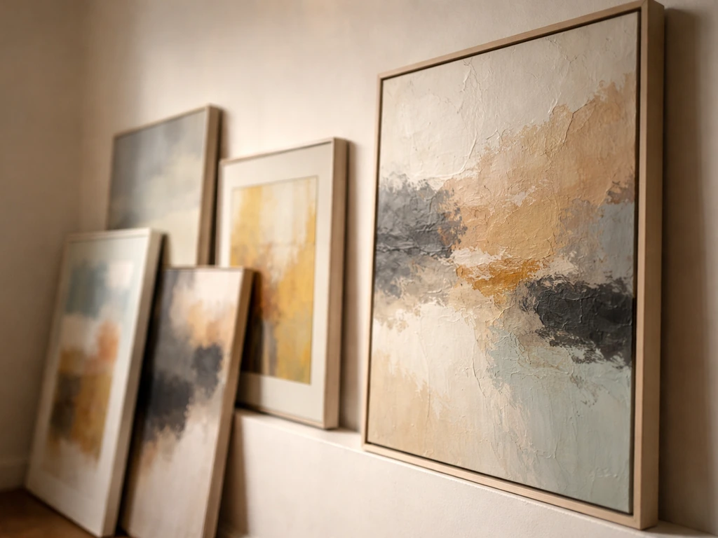 Close-up of modern art frames on a gallery wall with soft natural light