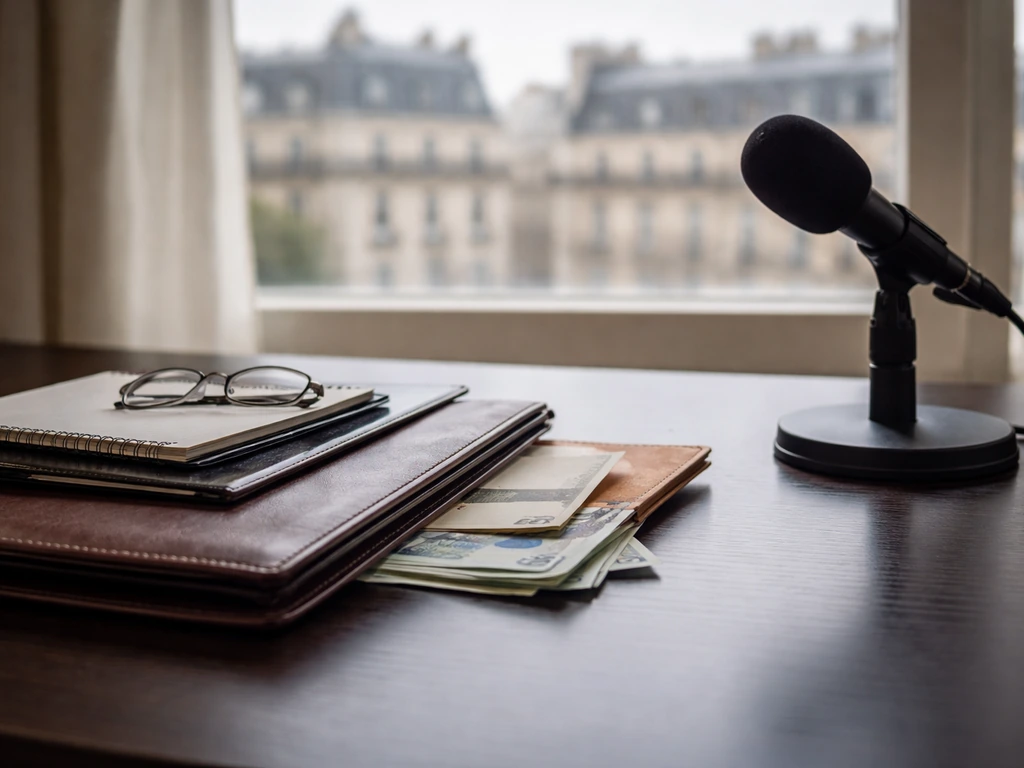 Quiet office desk with euro notes and a desk microphone, symbolizing political finance analysis without any person.