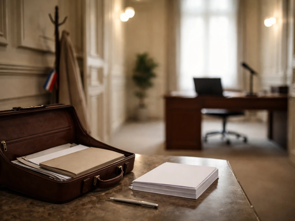 Minimal office scene with briefcase and microphone, hinting shift from public service to consulting work.