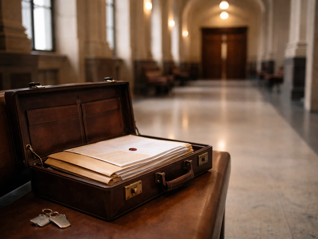 Courtroom hallway with legal documents and an envelope on a bench, symbolizing the impact of a conviction.