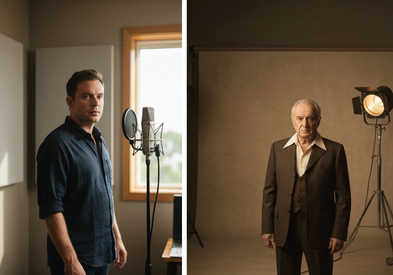 Split-style photo showing a modern Florida music studio scene and a vintage Italian film set scene with two anonymous ma