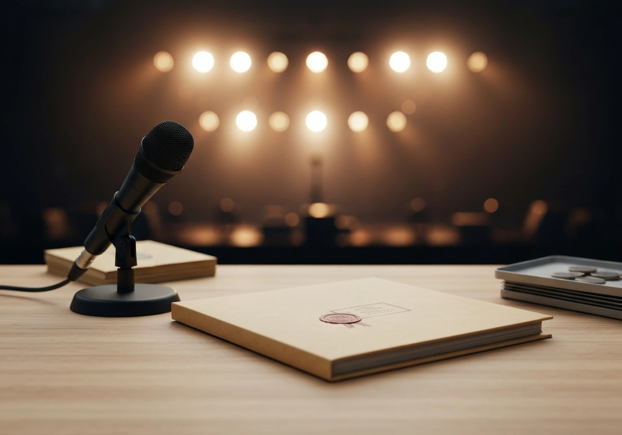 Minimal photo of a studio microphone beside a document folder, symbolizing a business milestone.