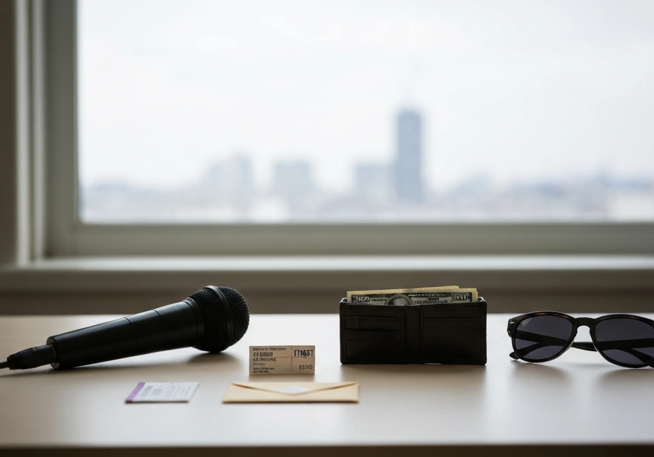 Minimal studio desk scene symbolizing estimated earnings breakdown, with subtle money and microphone cues