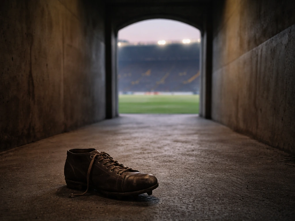 Empty football stadium tunnel at dusk with a vintage leather boot on the ground, evoking early-career Serie A years.