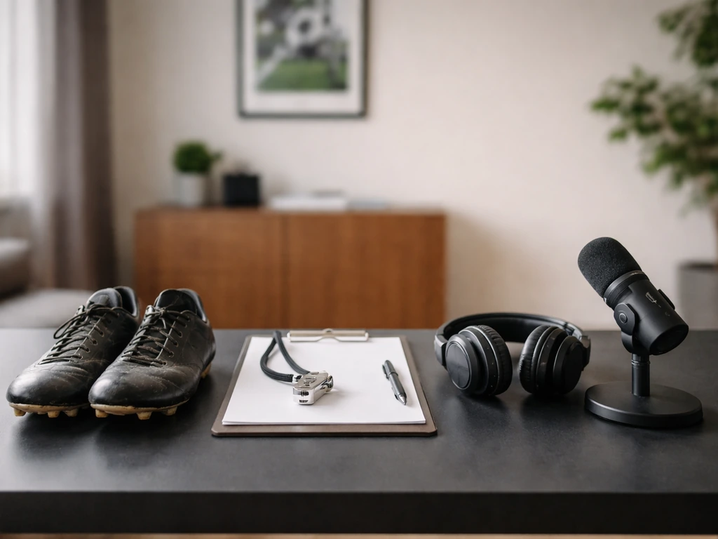 Minimal tabletop scene with a football boot, coaching items, and podcast microphone to suggest income categories.