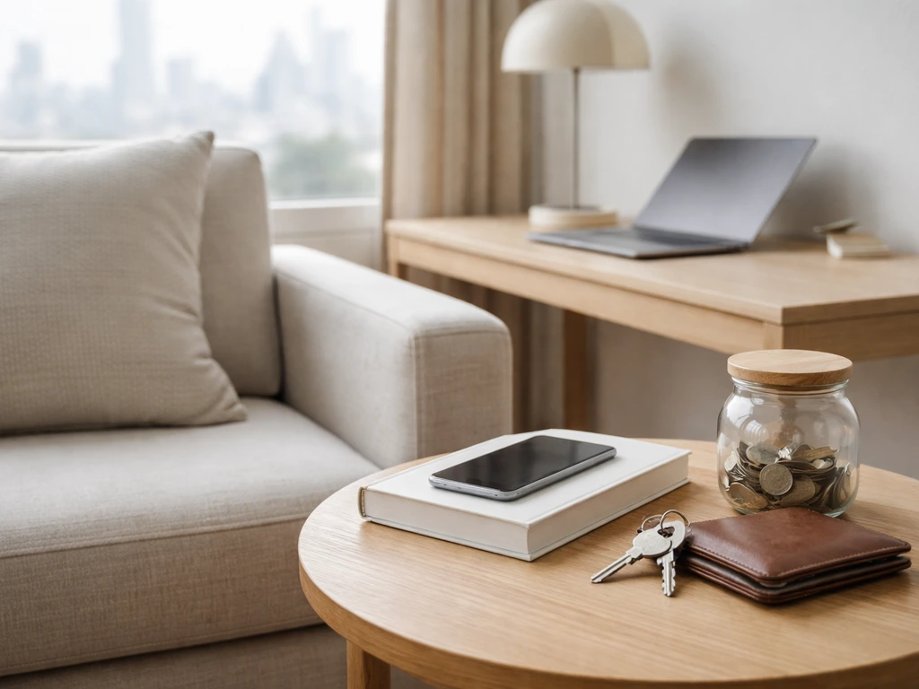 Minimal living room desk scene with laptop, keys, and savings-style jar suggesting assets and lifestyle.