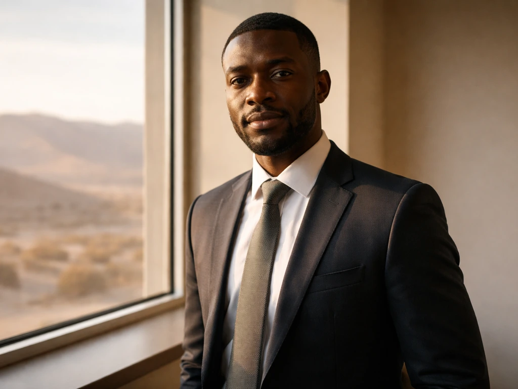Namibian businessman in a tailored suit beside a window with warm desert light and distant dunes.