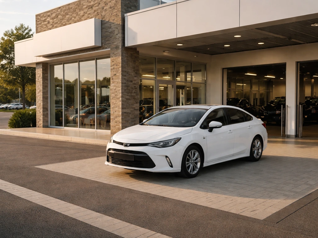Minimal view of a dealership storefront with a white sedan parked in front, no visible people.