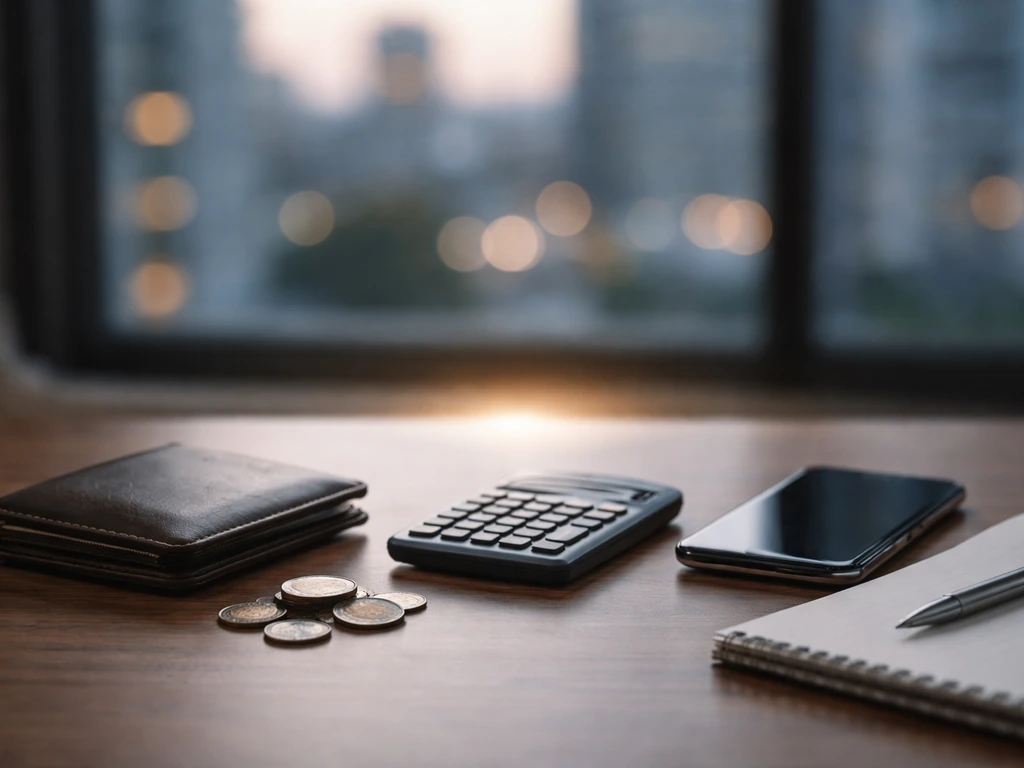 Finance desk scene with coins, wallet, calculator, and softly blurred office window, suggesting confidence range.