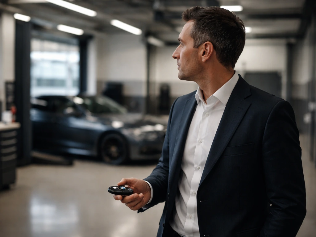 Automotive executive in a BMW M style workshop office, discussing performance cars with a focused expression.