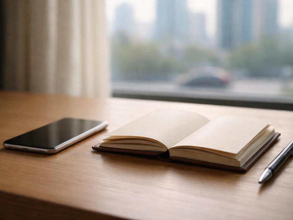 Minimal photo of a small desk setup with a smartphone, notebook, and blurred city view suggesting career milestones