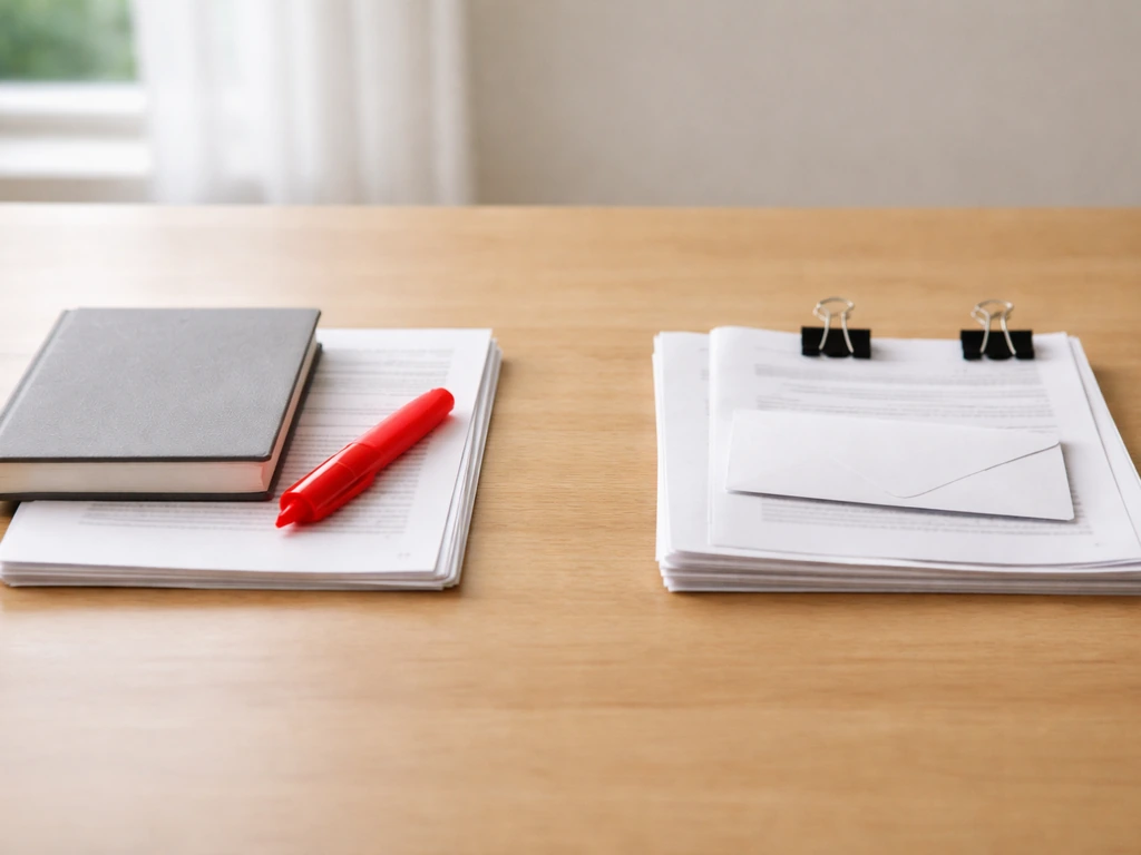 Minimal office desk with neat documents and a red highlighter, symbolizing verified vs speculation.