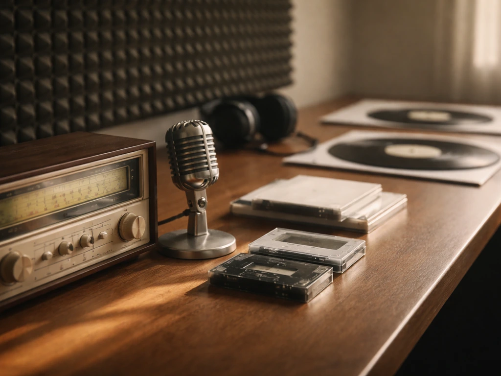 Minimal recording studio desk with vintage radio, microphone, and blank tapes suggesting career growth over time.